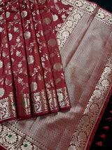 Statement Handmade Brick Red Color Semi Katan Banarasi Silk Saree