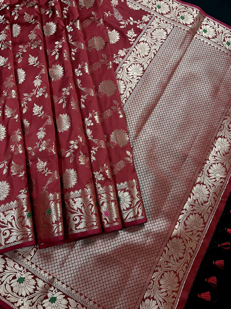 Statement Handmade Brick Red Color Semi Katan Banarasi Silk Saree