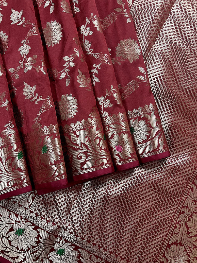 Statement Handmade Brick Red Color Semi Katan Banarasi Silk Saree