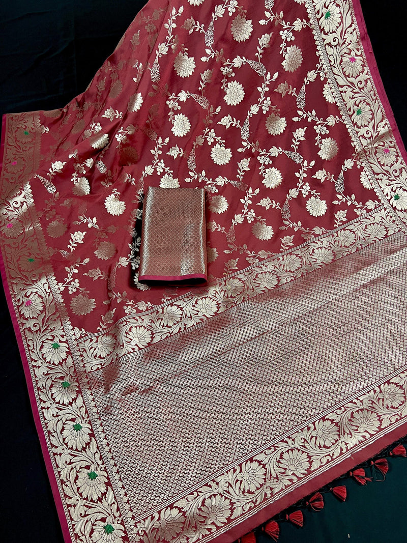 Statement Handmade Brick Red Color Semi Katan Banarasi Silk Saree