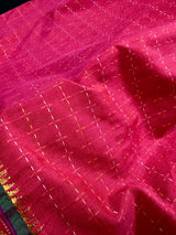 Deep Pink Color Saree Cotton Saree with Kantha Stitch and  Zari Temple Border