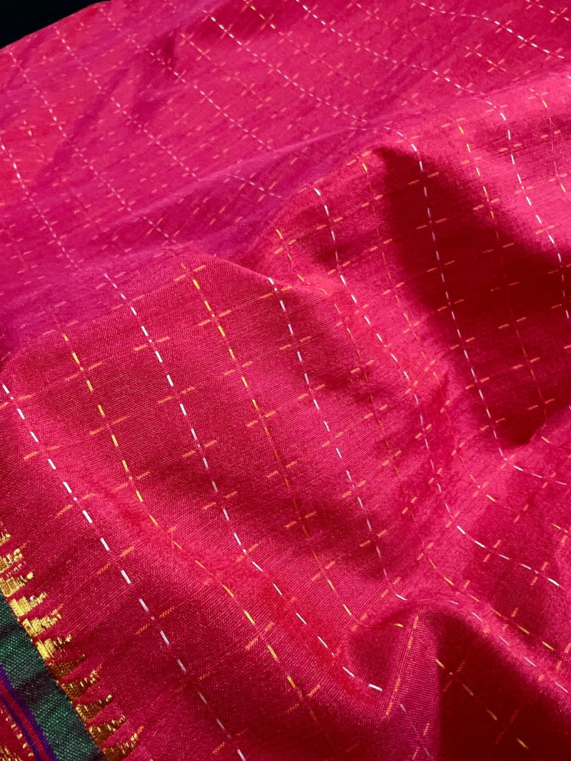 Deep Pink Color Saree Cotton Saree with Kantha Stitch and  Zari Temple Border