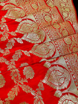 Bright Red Banarasi Satin Silk Traditional Floral Jaal Saree with Gold Zari Jaal Weave and Grand Pallu