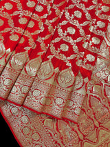 Bright Red Banarasi Satin Silk Traditional Floral Jaal Saree with Gold Zari Jaal Weave and Grand Pallu