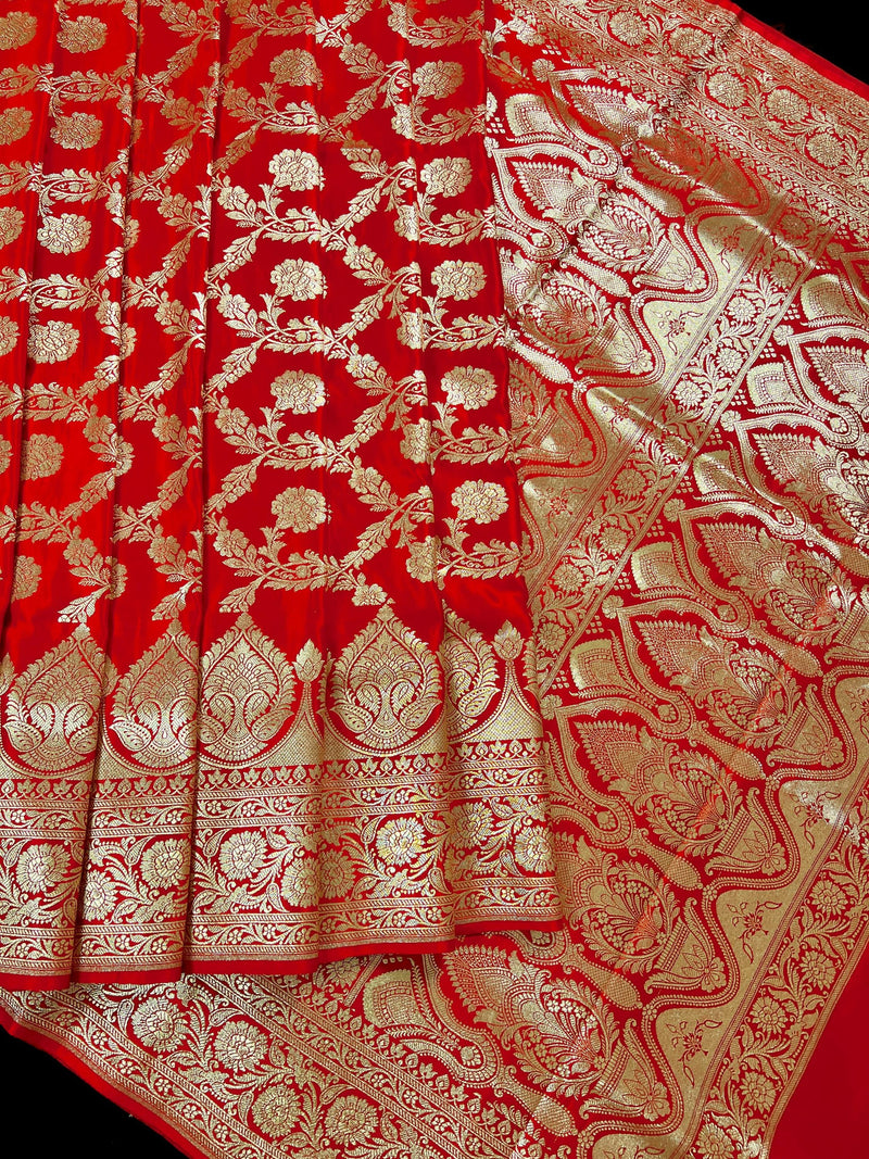 Bright Red Banarasi Satin Silk Traditional Floral Jaal Saree with Gold Zari Jaal Weave and Grand Pallu