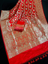 Bright Red Banarasi Satin Silk Traditional Floral Jaal Saree with Gold Zari Jaal Weave and Grand Pallu