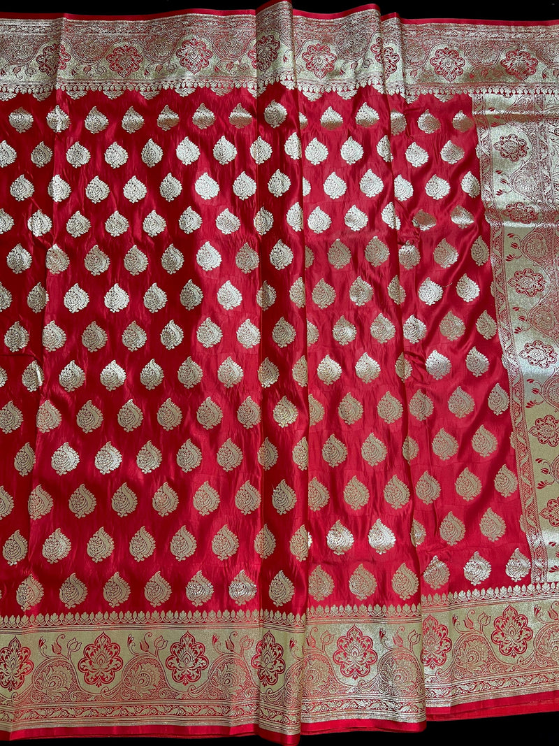 Bright Red Banarasi Satin Silk Traditional Saree with Gold Zari Jaal Weave and Grand Pallu