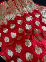 Bright Red Banarasi Satin Silk Traditional Saree with Gold Zari Jaal Weave and Grand Pallu