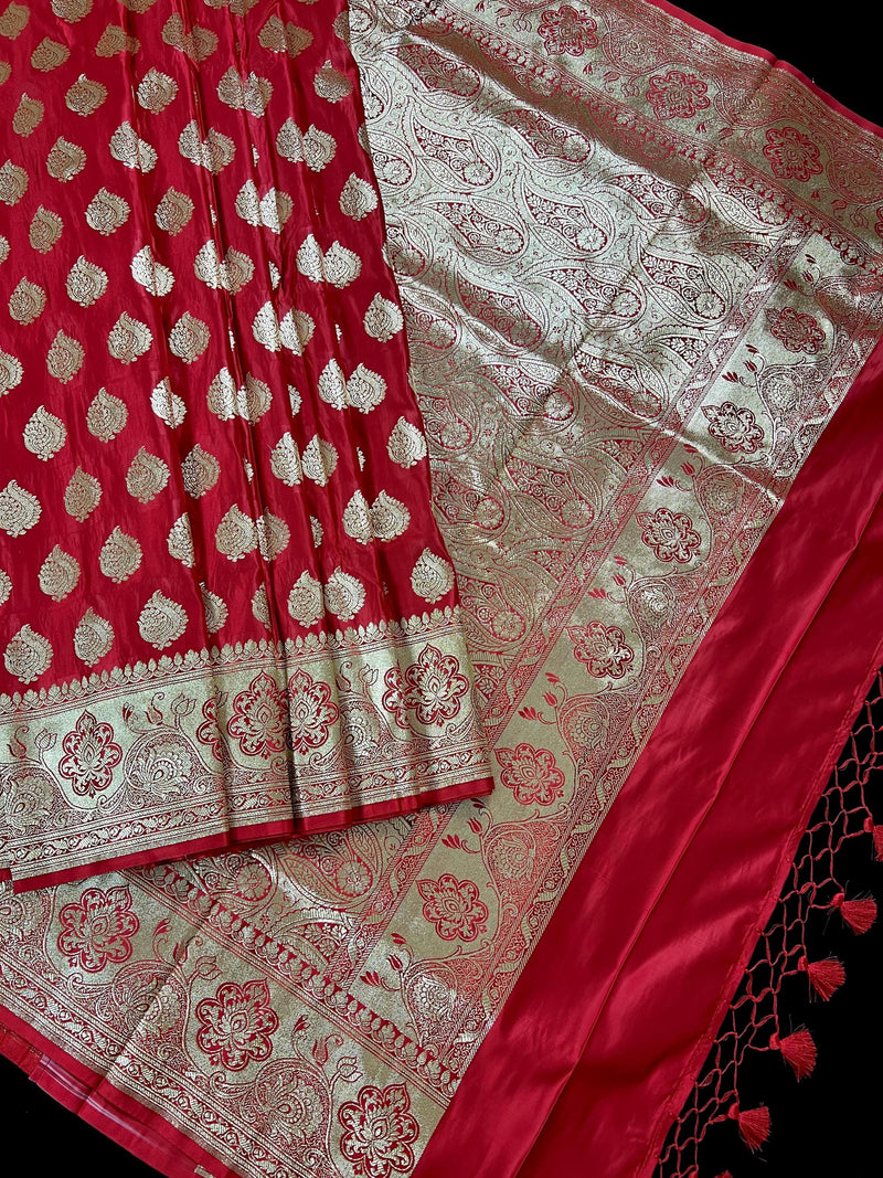 Bright Red Banarasi Satin Silk Traditional Saree with Gold Zari Jaal Weave and Grand Pallu