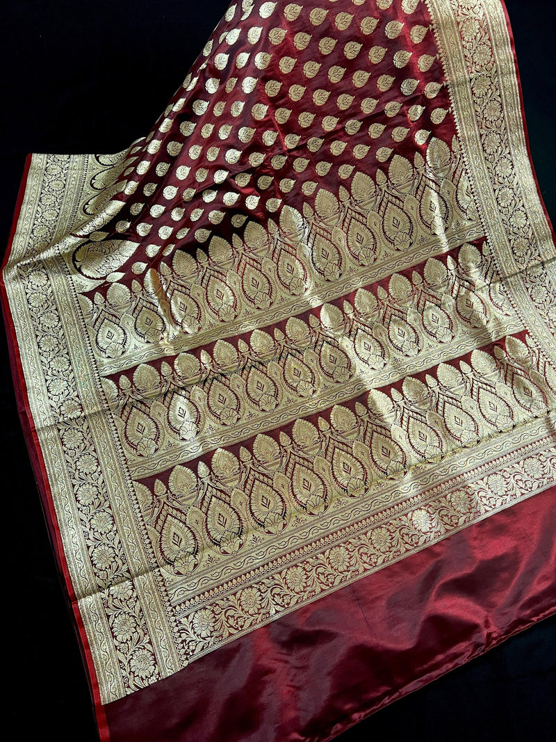 Wine Color Banarasi Satin Silk Traditional Saree with Gold Zari Jaal Weave and Grand Pallu