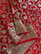 Bright Red Color Banarasi Satin Silk Traditional Floral Jaal Saree with Gold Zari Jaal Saree