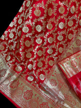 Bright Red Color Banarasi Satin Silk Traditional Floral Jaal Saree with Gold Zari Jaal Saree