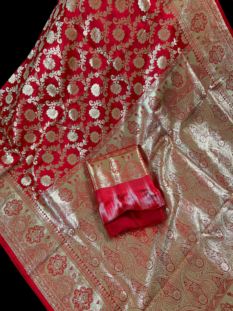 Bright Red Color Banarasi Satin Silk Traditional Floral Jaal Saree with Gold Zari Jaal Saree