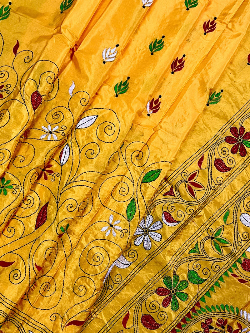 Mango Yellow Bangalori Silk Saree with Hand Kantha Stitch | Handwoven Kantha Stitch Sarees | Kantha Saress | Silk Sarees | Bengal Sarees