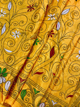 Mango Yellow Bangalori Silk Saree with Hand Kantha Stitch | Handwoven Kantha Stitch Sarees | Kantha Saress | Silk Sarees | Bengal Sarees