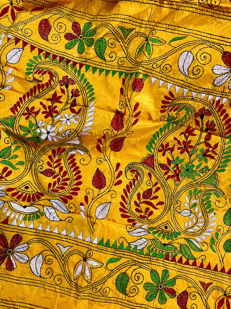 Mango Yellow Bangalori Silk Saree with Hand Kantha Stitch | Handwoven Kantha Stitch Sarees | Kantha Saress | Silk Sarees | Bengal Sarees