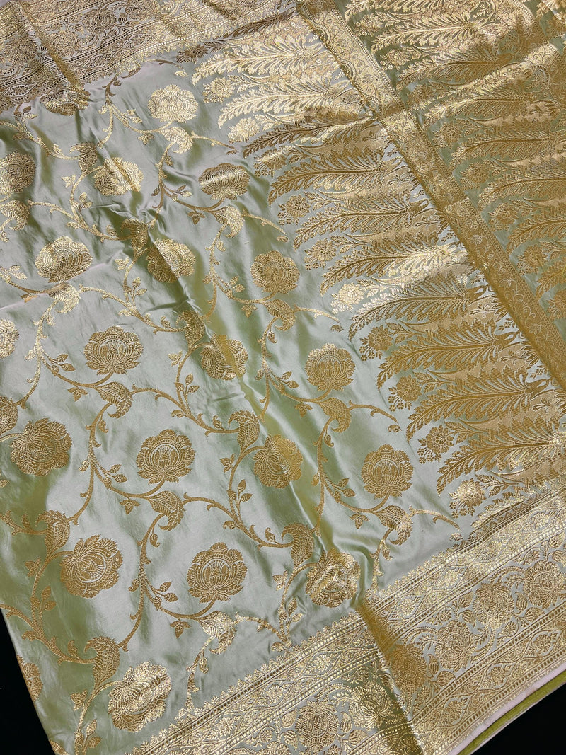 Pastel Sage Green Color Traditional Banarasi Satin Silk Saree with Muted Gold Zari Floral Jaal Weave