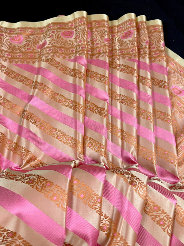 Beige Gold Color with Copper and Deep Rose Pink | Mashru Silk Tanchoi Saree with Jamawar Pallu | Wedding Sarees