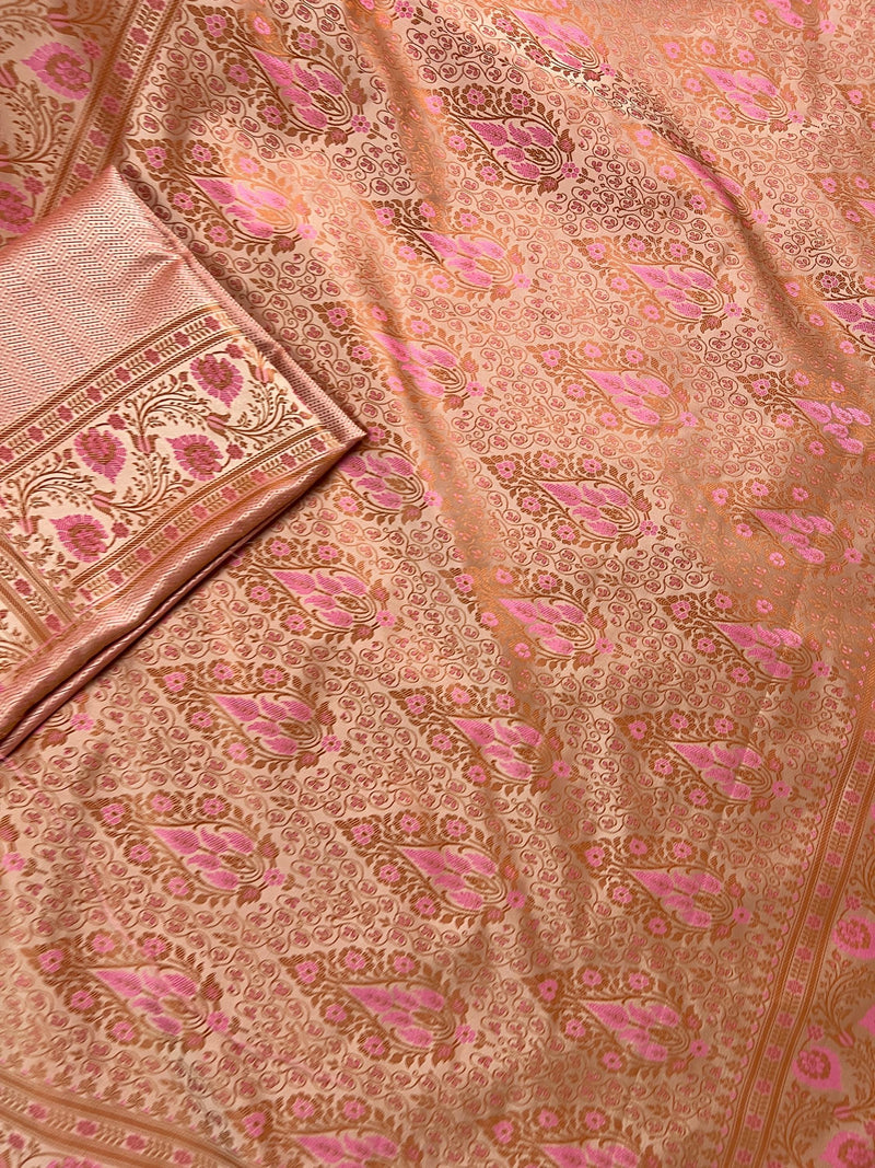 Beige Gold Color with Copper and Deep Rose Pink - Mashru Silk Tanchoi Saree with Jamawar Pallu