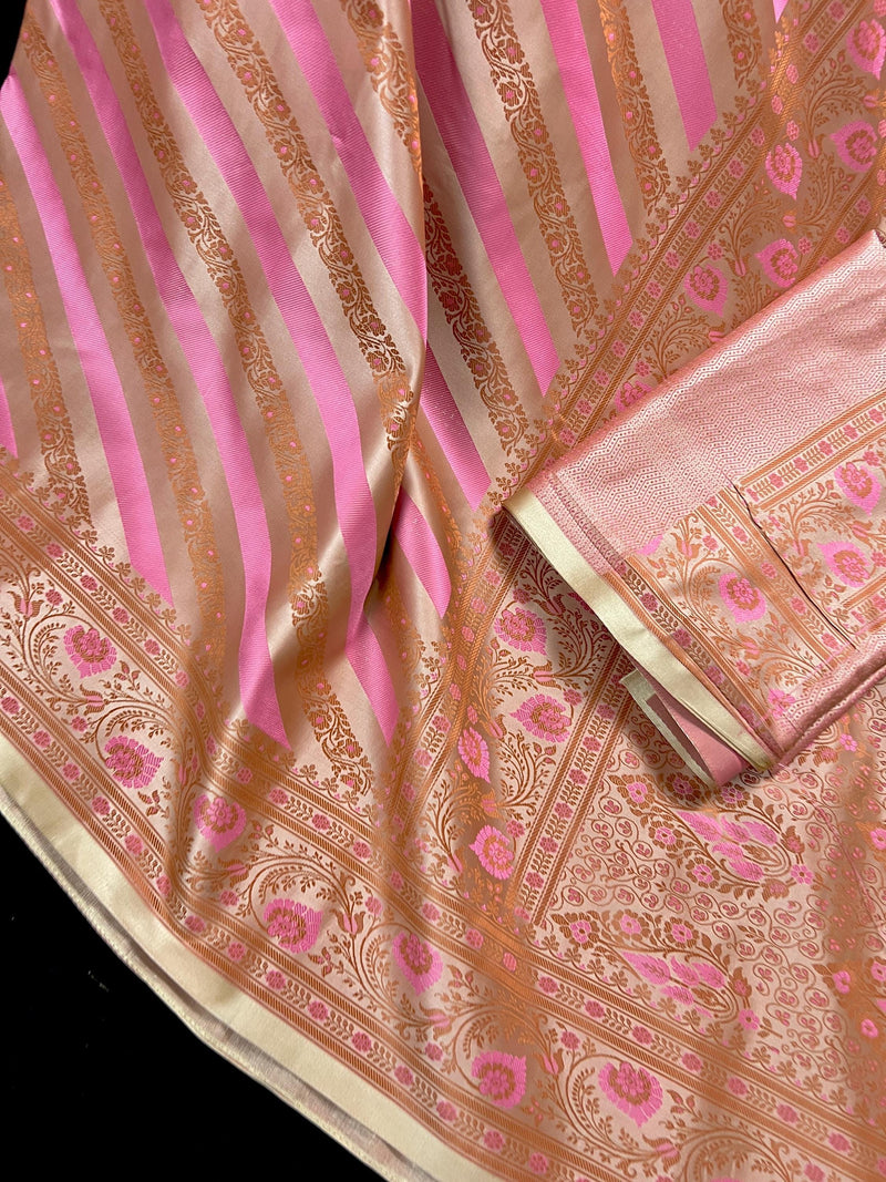 Beige Gold Color with Copper and Deep Rose Pink - Mashru Silk Tanchoi Saree with Jamawar Pallu