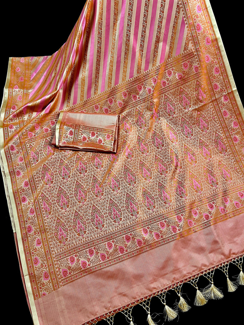 Beige Gold Color with Copper and Deep Rose Pink - Mashru Silk Tanchoi Saree with Jamawar Pallu