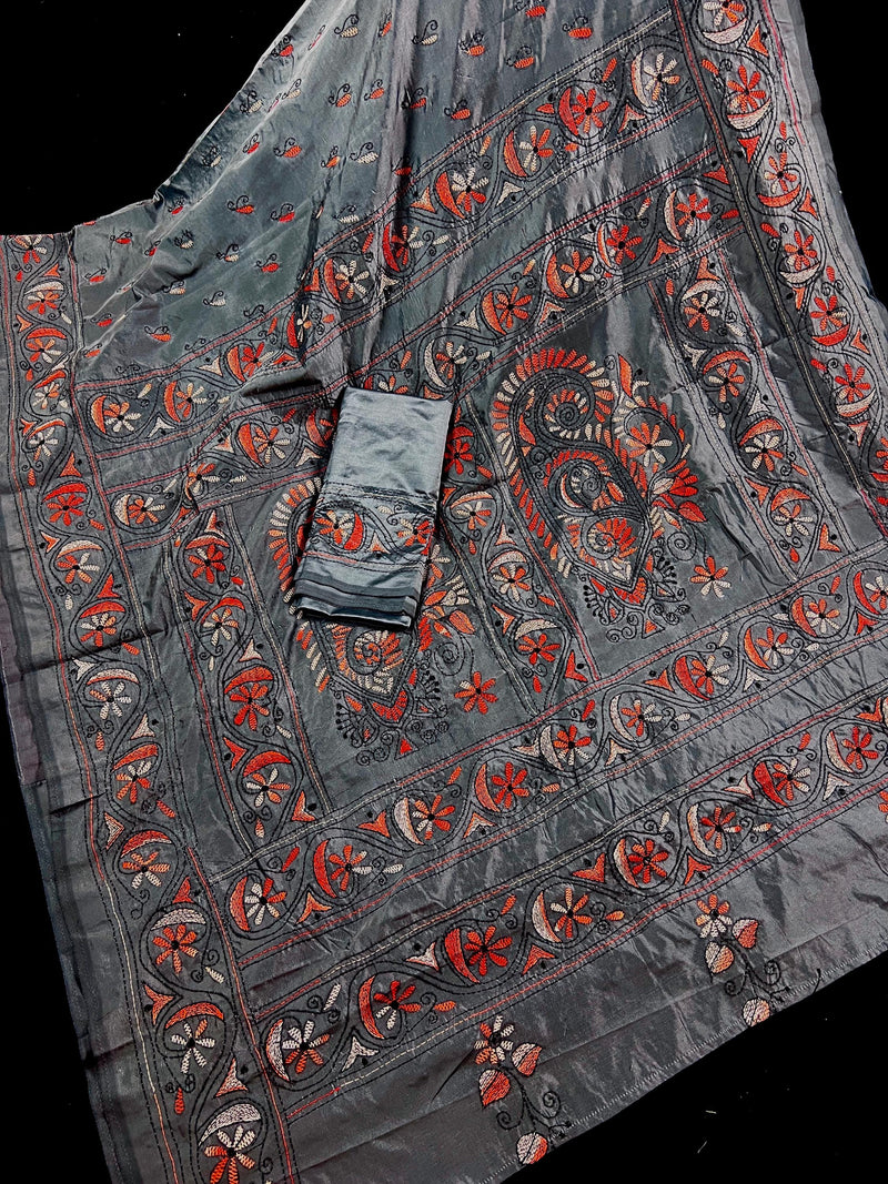 Dark Grey Color Hand Kantha Stitch Saree in  Bangalori Silk | Handwoven Kantha Stitch Sarees | Kantha Saress | Silk Sarees | Bengal Sarees