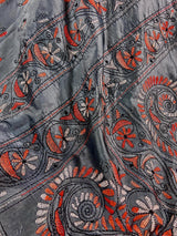 Dark Grey Color Hand Kantha Stitch Saree in  Bangalori Silk | Handwoven Kantha Stitch Sarees | Kantha Saress | Silk Sarees | Bengal Sarees