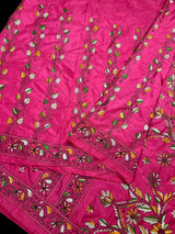 Magenta Deep Pink Color Bangalori Silk Saree with Handwoven Kantha Stitch -  Kantha Saress - Embroidered Sarees