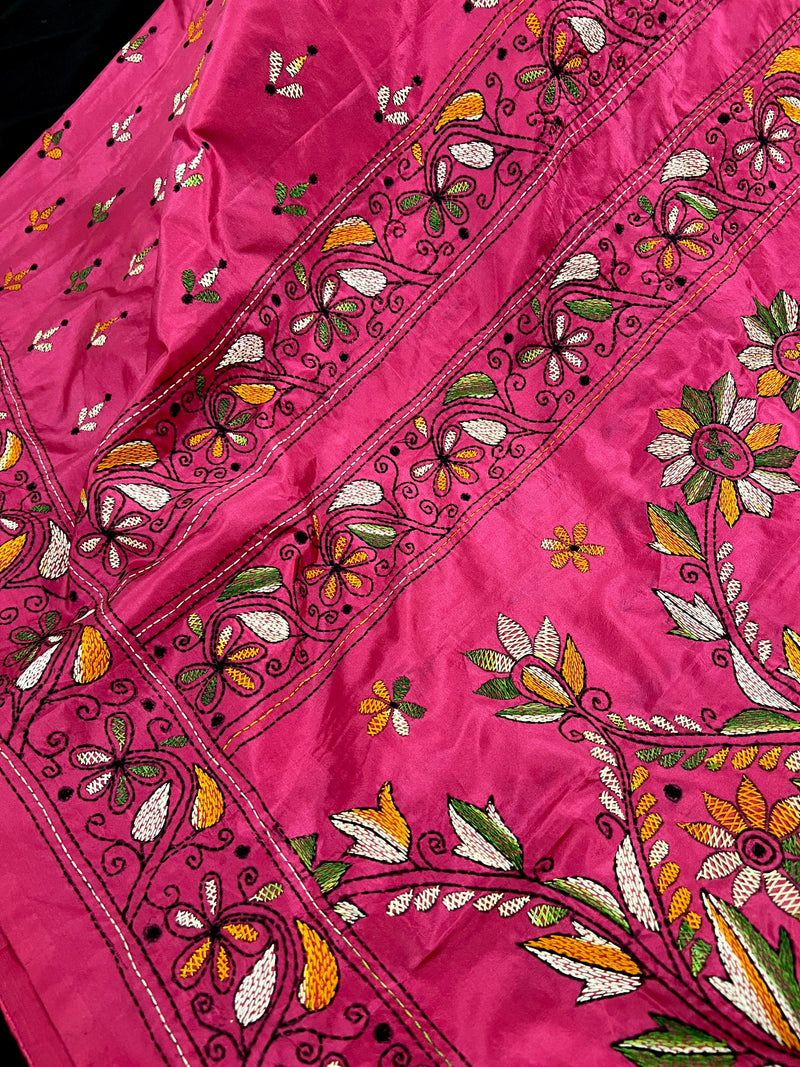 Magenta Deep Pink Color Bangalori Silk Saree with Handwoven Kantha Stitch -  Kantha Saress - Embroidered Sarees