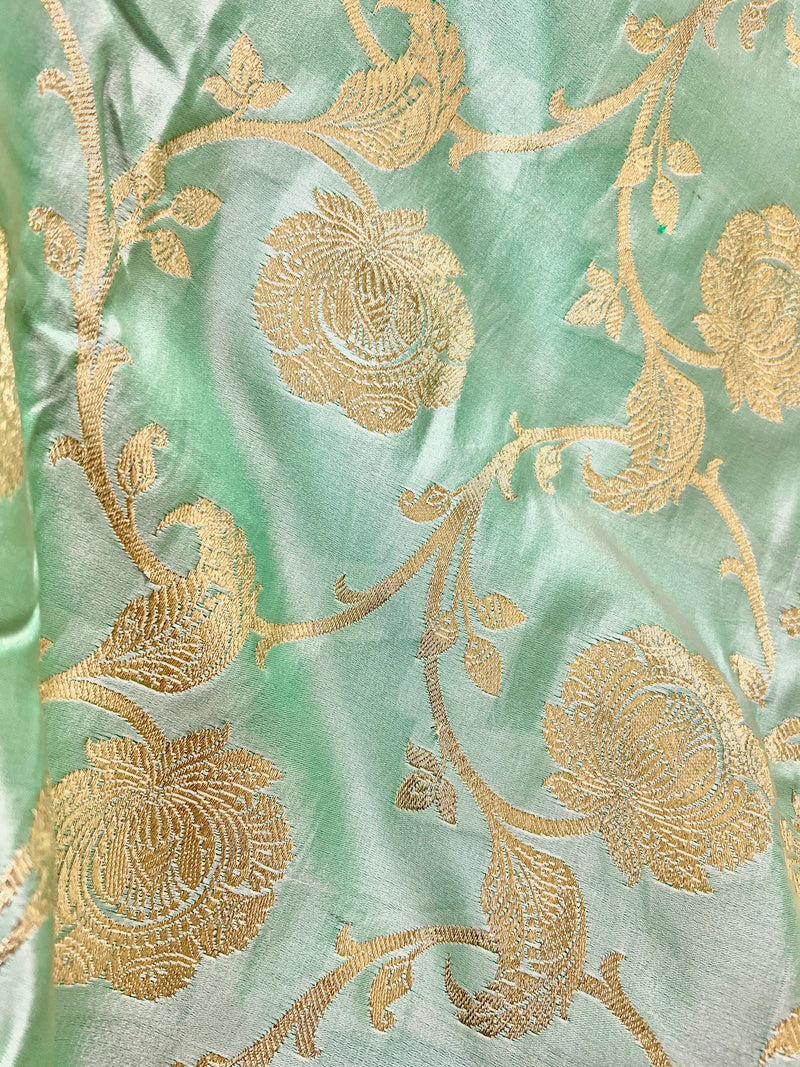 Pastel Sea Green Color Banarasi Satin Silk Traditional Floral Jaal Saree with Gold Zari Jaal Saree