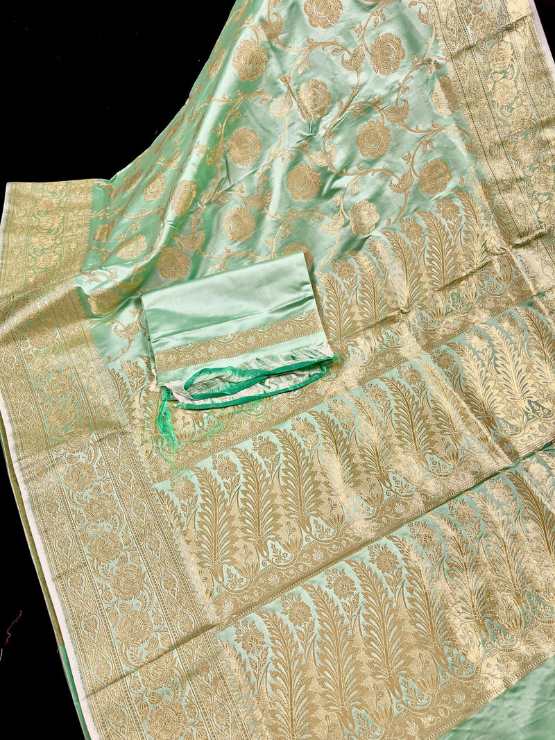 Pastel Sea Green Color Banarasi Satin Silk Traditional Floral Jaal Saree with Gold Zari Jaal Saree