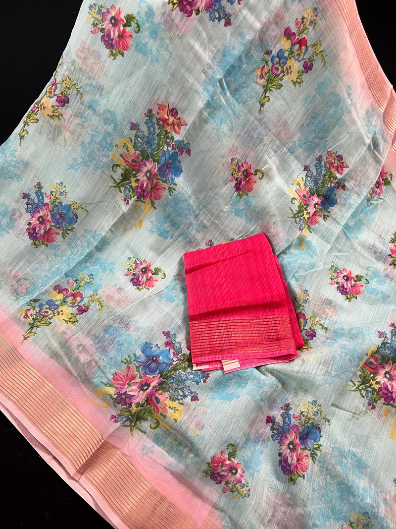 Sky Blue Saree with Pastel Pink Border | Cotton Linen Floral Prints Saree