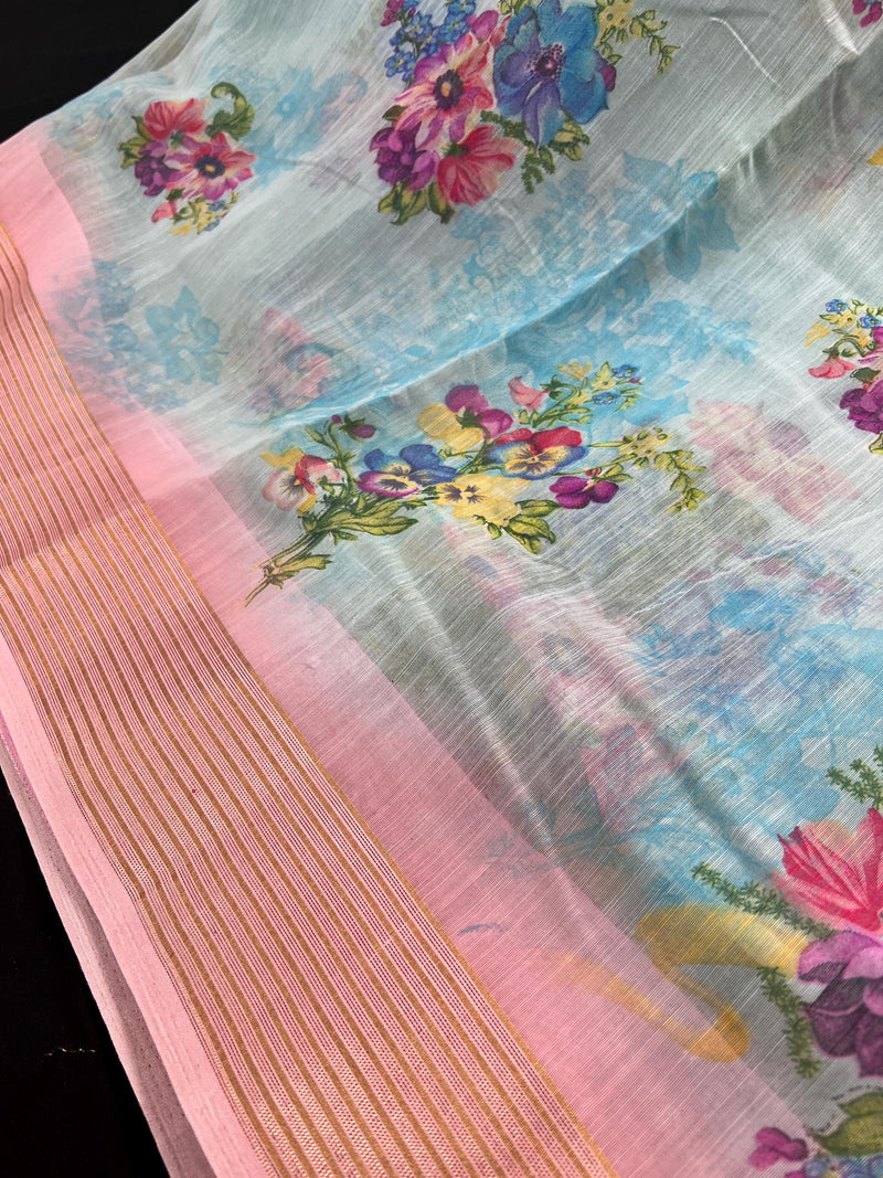 Sky Blue Saree with Pastel Pink Border | Cotton Linen Floral Prints Saree