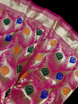 Hot Pink Color Morpankh Saree Traditional Banarasi Silk Handloom Saree with Gold Zari Weave