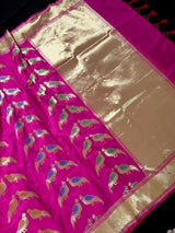 Hot Pink Color Soft Banarasi Silk Saree with Meenakari Work | Parrot Pairs Motifs with Meenakari Work | Soft Silk Sarees