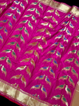 Hot Pink Color Soft Banarasi Silk Saree with Meenakari Work | Parrot Pairs Motifs with Meenakari Work | Soft Silk Sarees