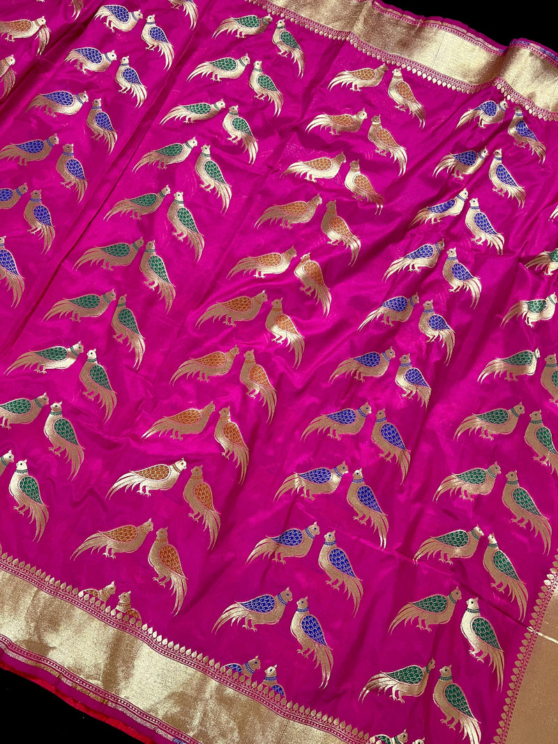 Hot Pink Color Soft Banarasi Silk Saree with Meenakari Work | Parrot Pairs Motifs with Meenakari Work | Soft Silk Sarees