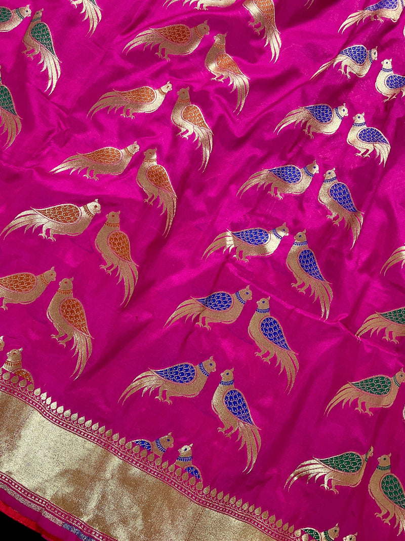 Hot Pink Color Soft Banarasi Silk Saree with Meenakari Work | Parrot Pairs Motifs with Meenakari Work | Soft Silk Sarees