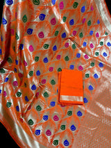 Orange Color Morpankh Saree Traditional Banarasi Silk Handloom Saree with Gold Zari Weave