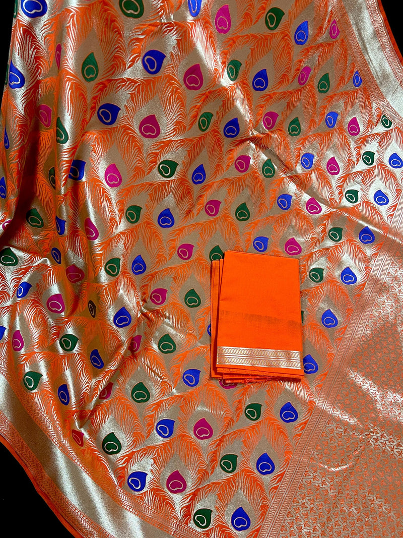 Orange Color Morpankh Saree Traditional Banarasi Silk Handloom Saree with Gold Zari Weave