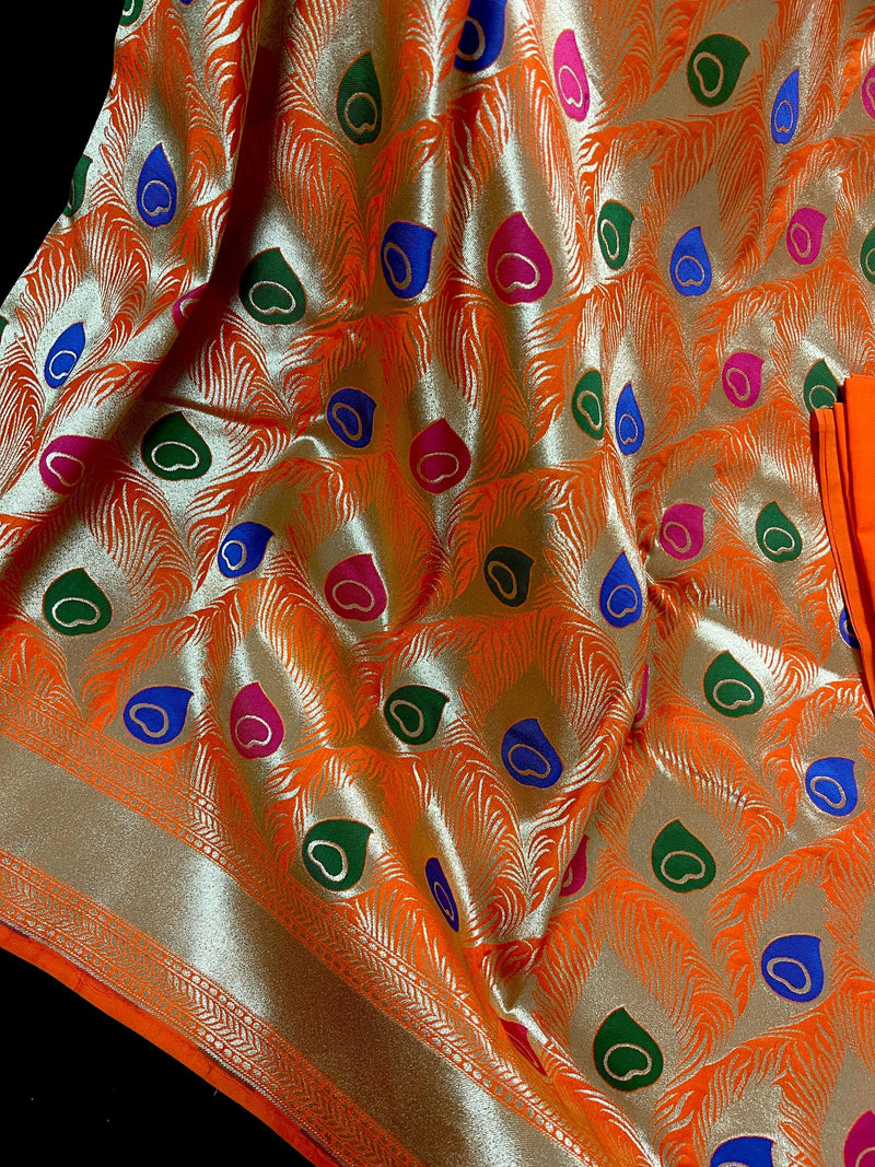 Orange Color Morpankh Saree Traditional Banarasi Silk Handloom Saree with Gold Zari Weave