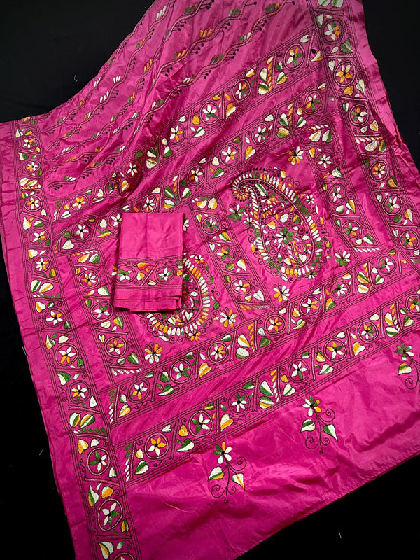 Handmade Pink Color Kantha Saree  - Bangalori Silk Saree  - Handwoven Kantha Stitch Sarees - Multi Color - Kantha Stitch Silk Saree