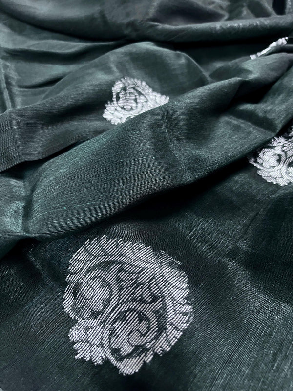 Handmade Pine Green Color Saree in Linen blend with Cotton Silk  with Sliver Zari Weave - No Blouse