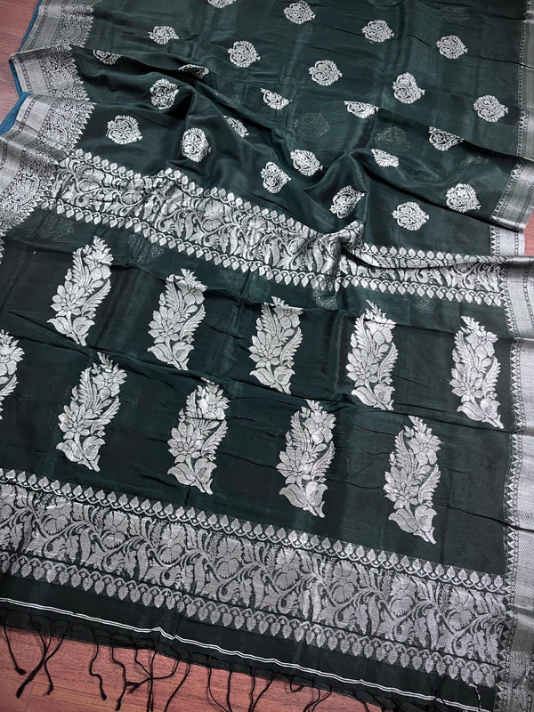 Handmade Pine Green Color Saree in Linen blend with Cotton Silk  with Sliver Zari Weave - No Blouse