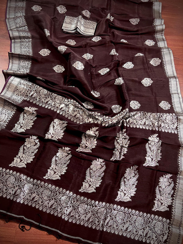 Handmade Chocolate Brown Color Saree in Linen blend with Cotton Silk  with Sliver Zari Weave