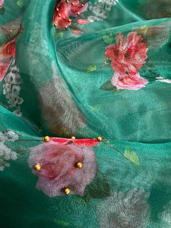 Bottle Green Organza Art Silk Saree with Digital Prints and Beads - No Blouse