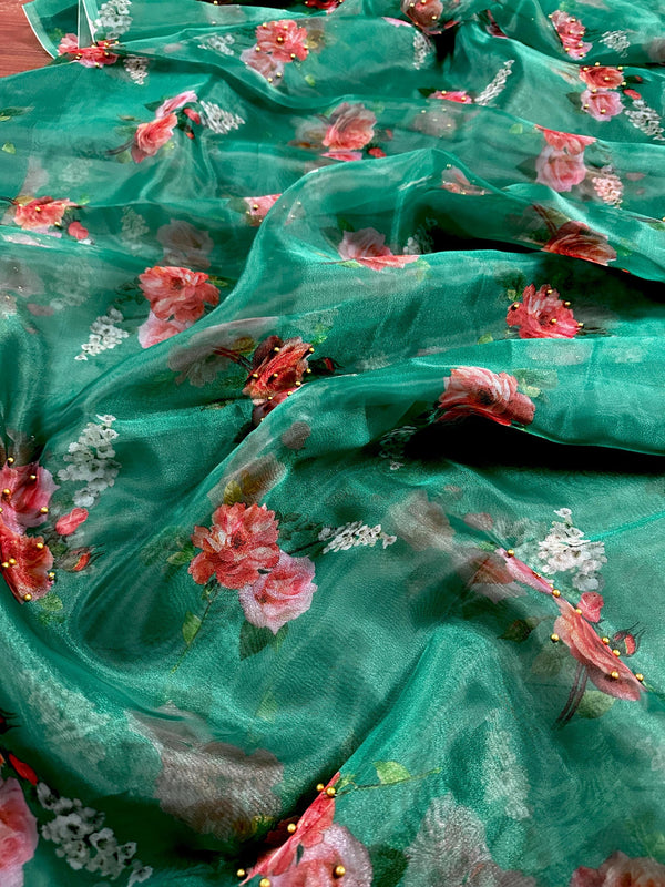 Bottle Green Organza Art Silk Saree with Digital Prints and Beads - No Blouse