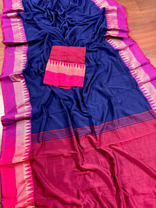 Blue and Purple Pure Khaadi Cotton with Temple Borders | Authentic Handloom Saree | Bengal Sarees | Kaash Collection