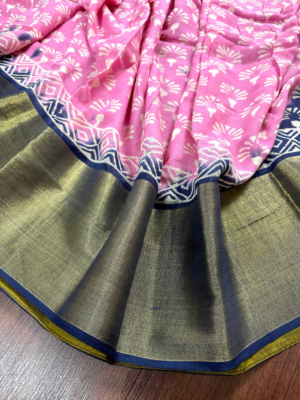 Baby Pink Color Pure Khaadi Linen Cotton with Tissue Borders - Authentic Handloom Saree - Bengal Sarees - Kaash Collection