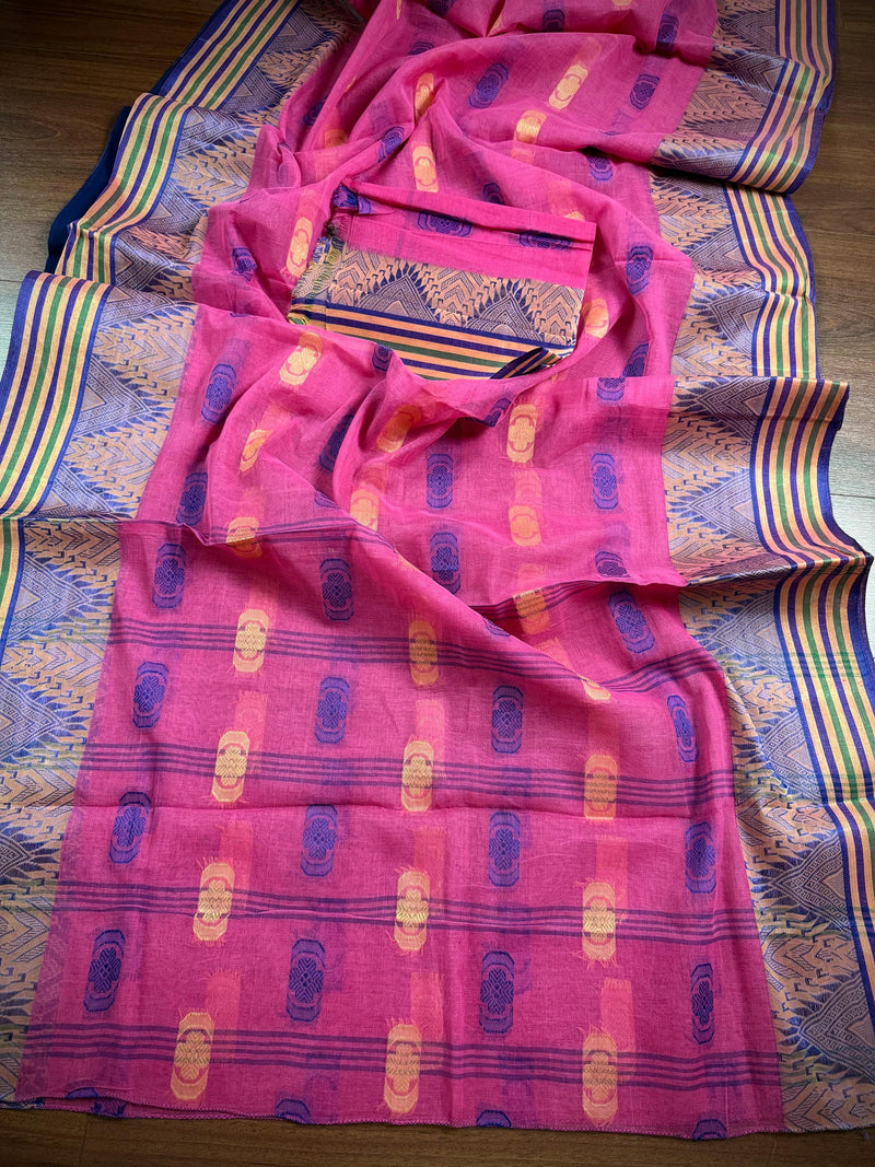 Pink Color Bengal Jamdani Tant Saree in Cotton | Bengal Sarees | Jamdani Tant Saree